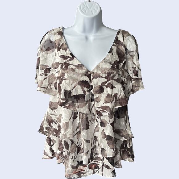Alex Evenings chiffon layered ruffle blouse brown floral V-neck rhinestone M - Picture 1 of 5
